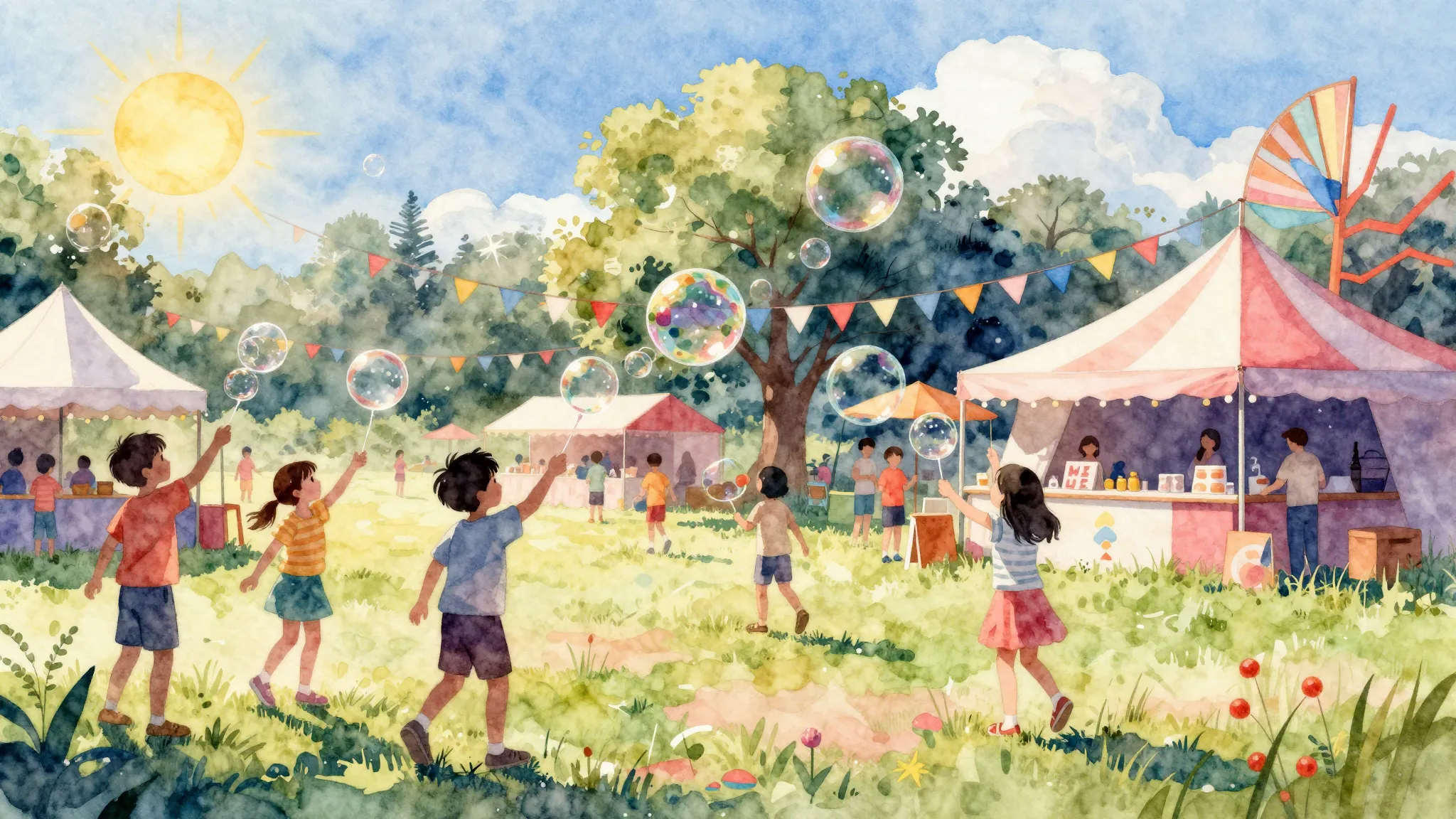 Watercolor style. Colorful outdoor festival scene, silhouett...