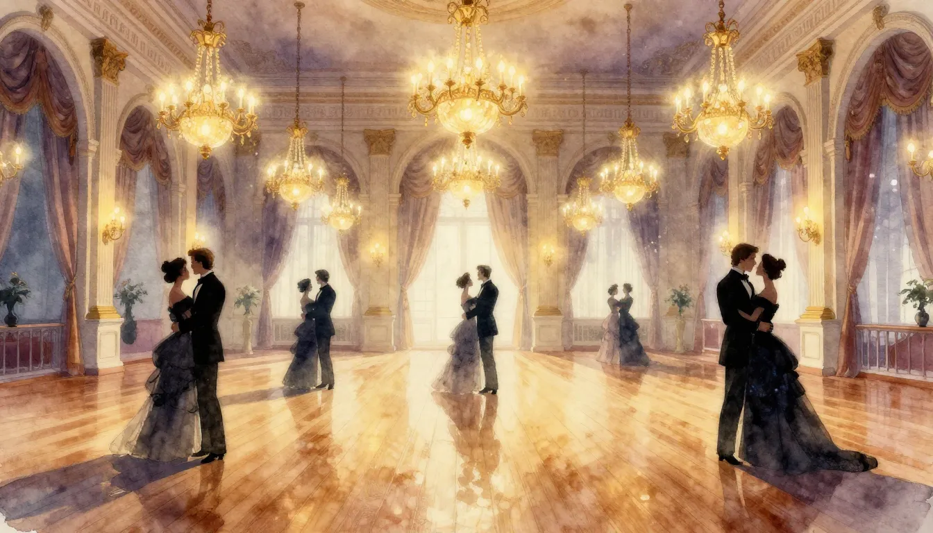 Watercolor style. A grand ballroom with a polished wooden fl...