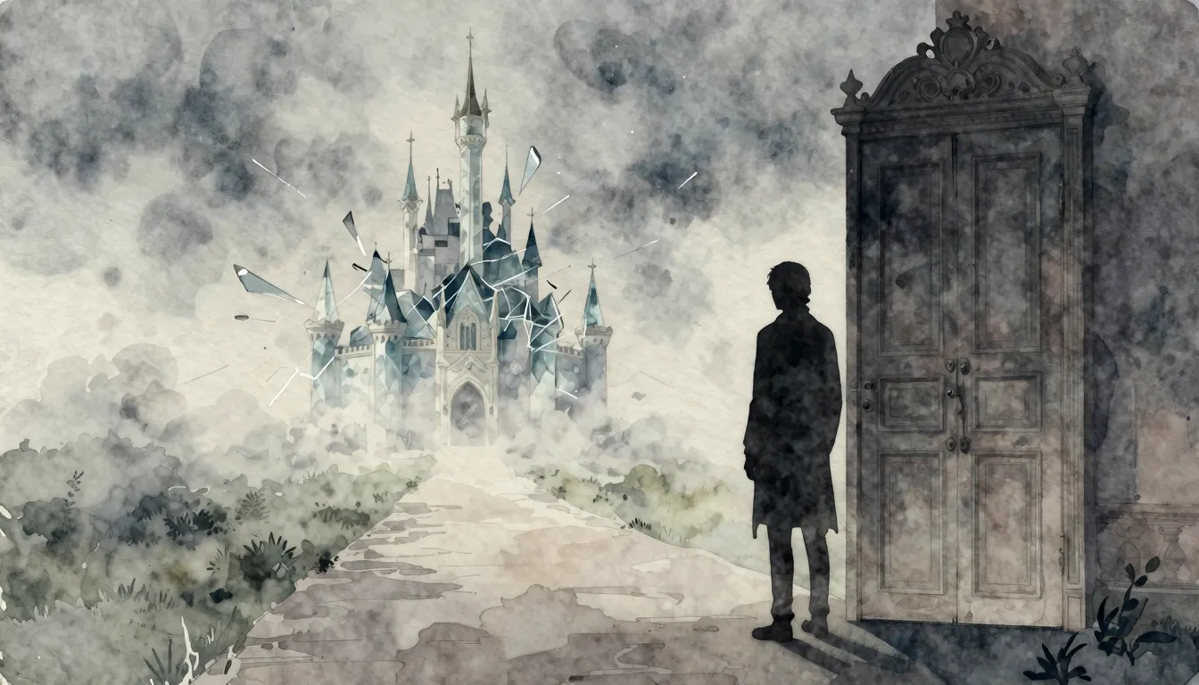 Watercolor style. A silhouette of a person stands before a c...