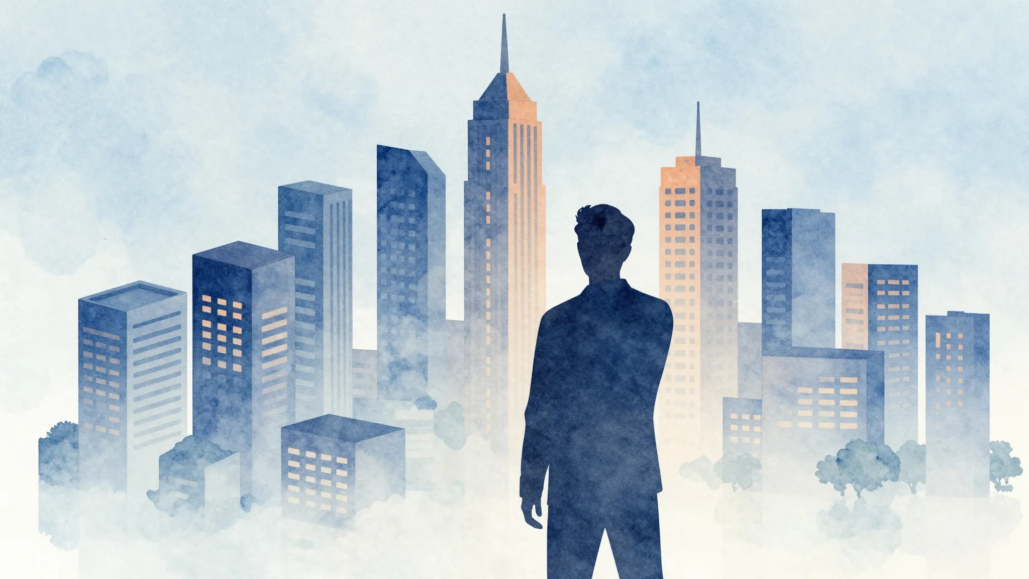 Watercolor style. Stylized silhouette of a person looking at...