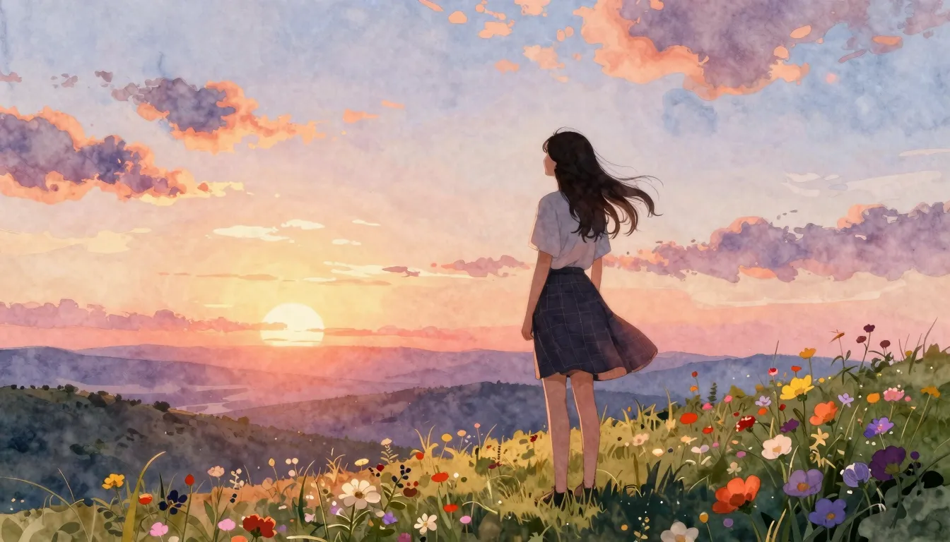 Watercolor style. A silhouette of a young woman stands on a ...