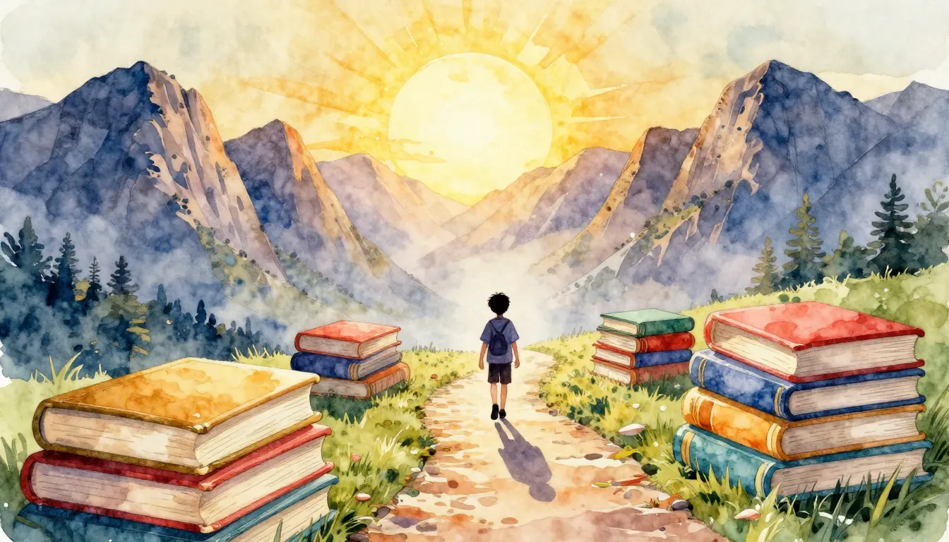 Watercolor style. A winding path made of giant colorful book...