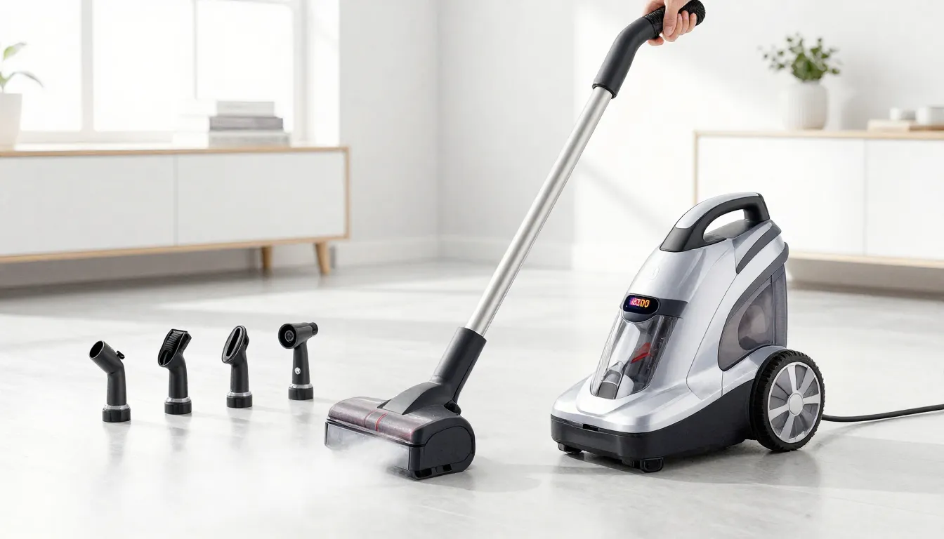 Watercolor style. Modern powerful steam cleaner on a clean f...