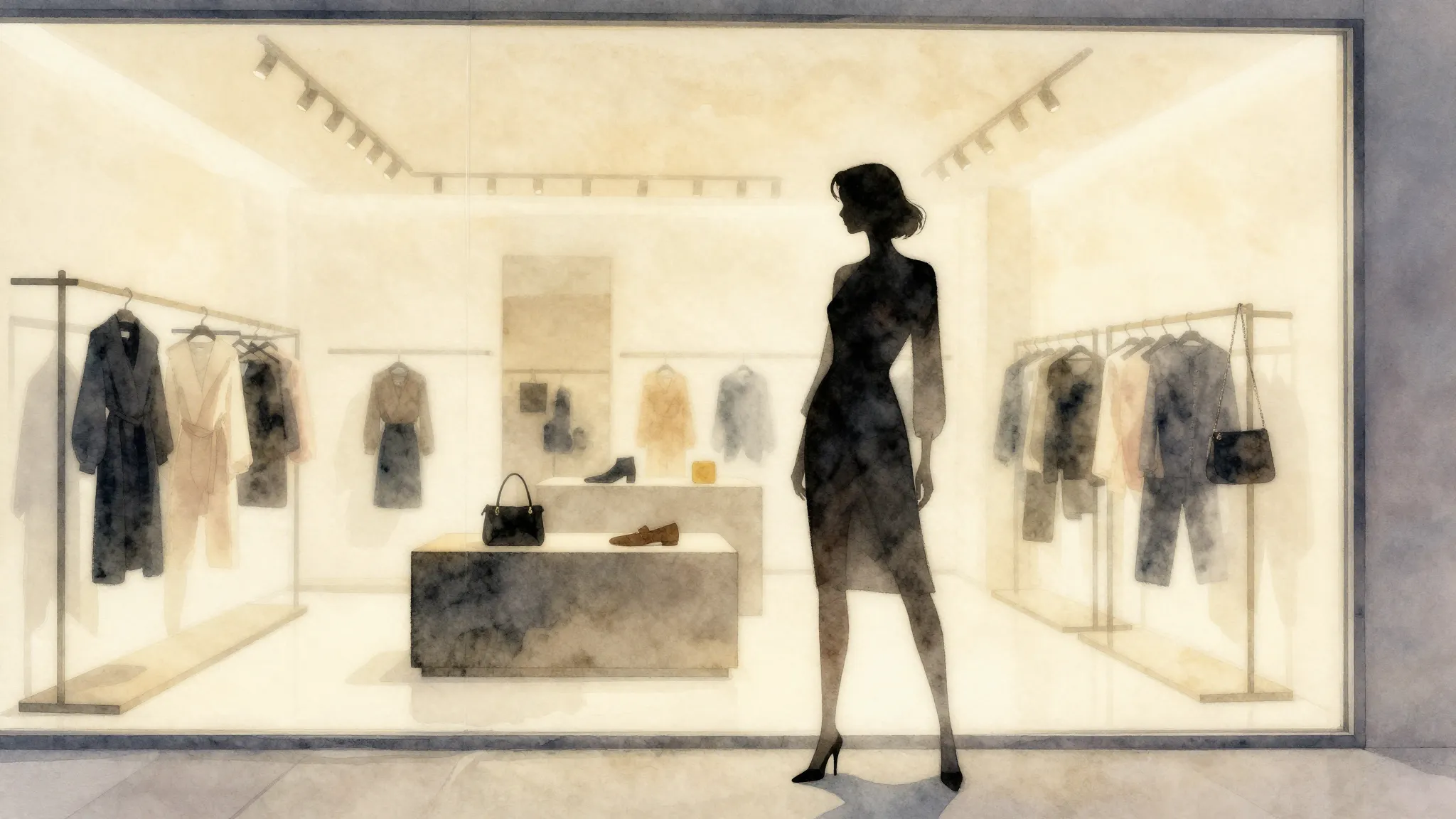 Watercolor style. A minimalist silhouette of a stylish woman...