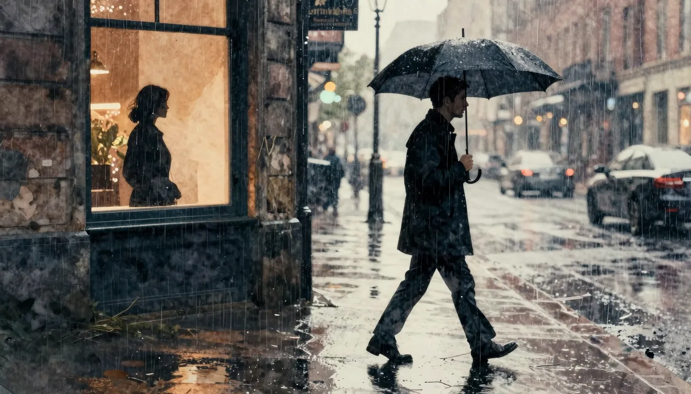 Watercolor style. A silhouette of a man walking in the rain ...