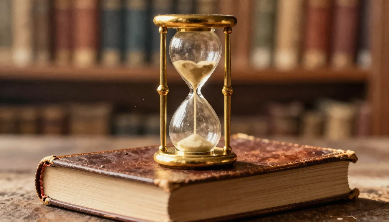 Watercolor style. A golden hourglass standing on a stack of ...