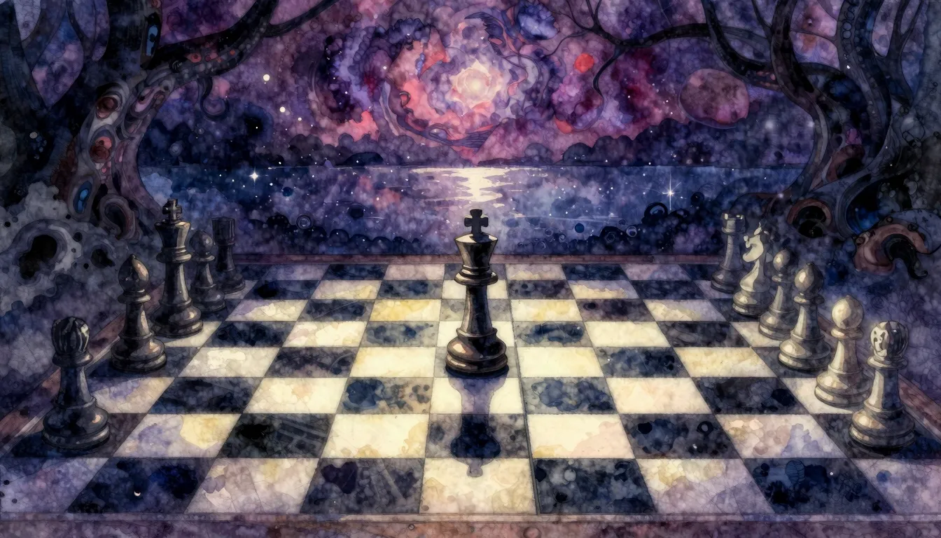 Vibrant watercolor style. Dark fantasy album cover. Chessboa...