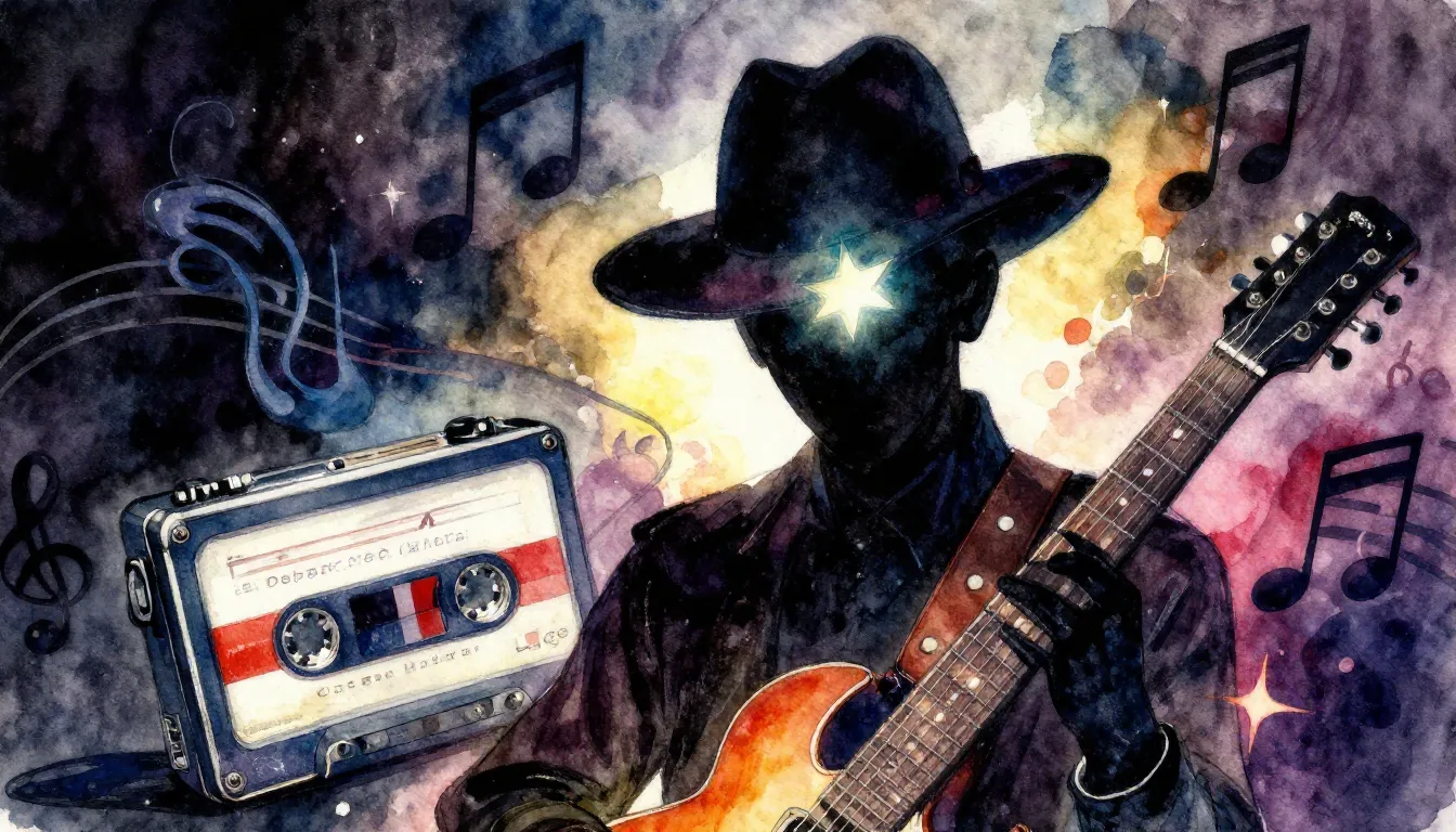 Vibrant watercolor style. Opera album cover: mysterious silh...