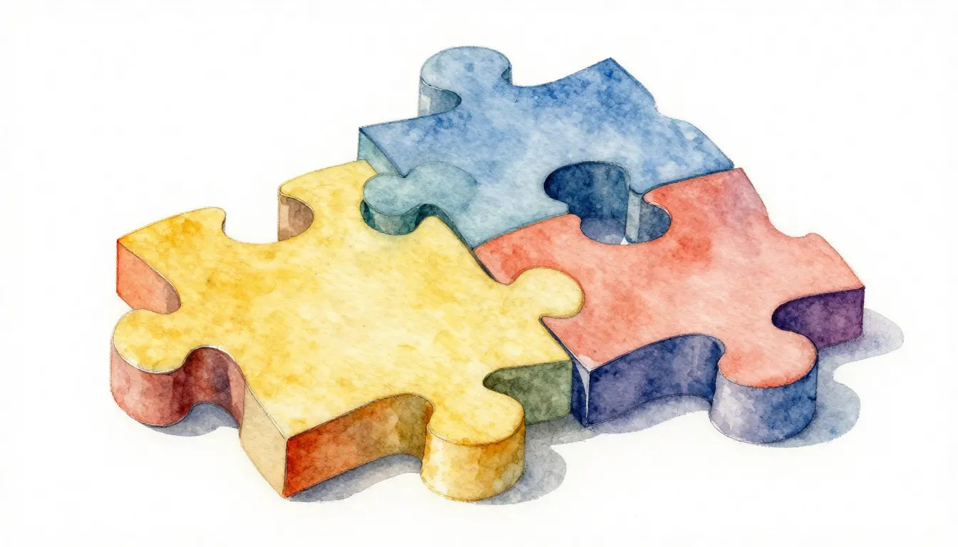 Watercolor style. Abstract 3D puzzle pieces connecting, vibr...