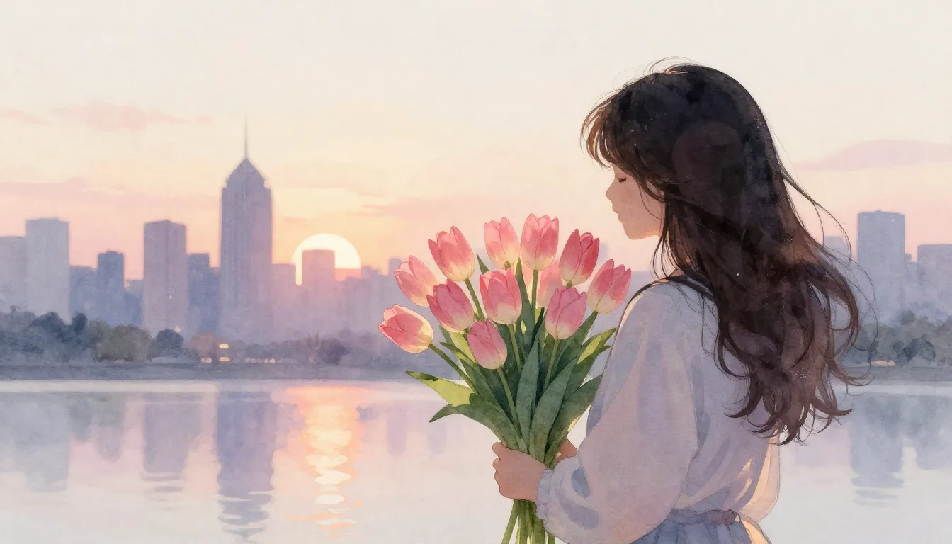 Watercolor style. A silhouette of a woman holding a large bo...