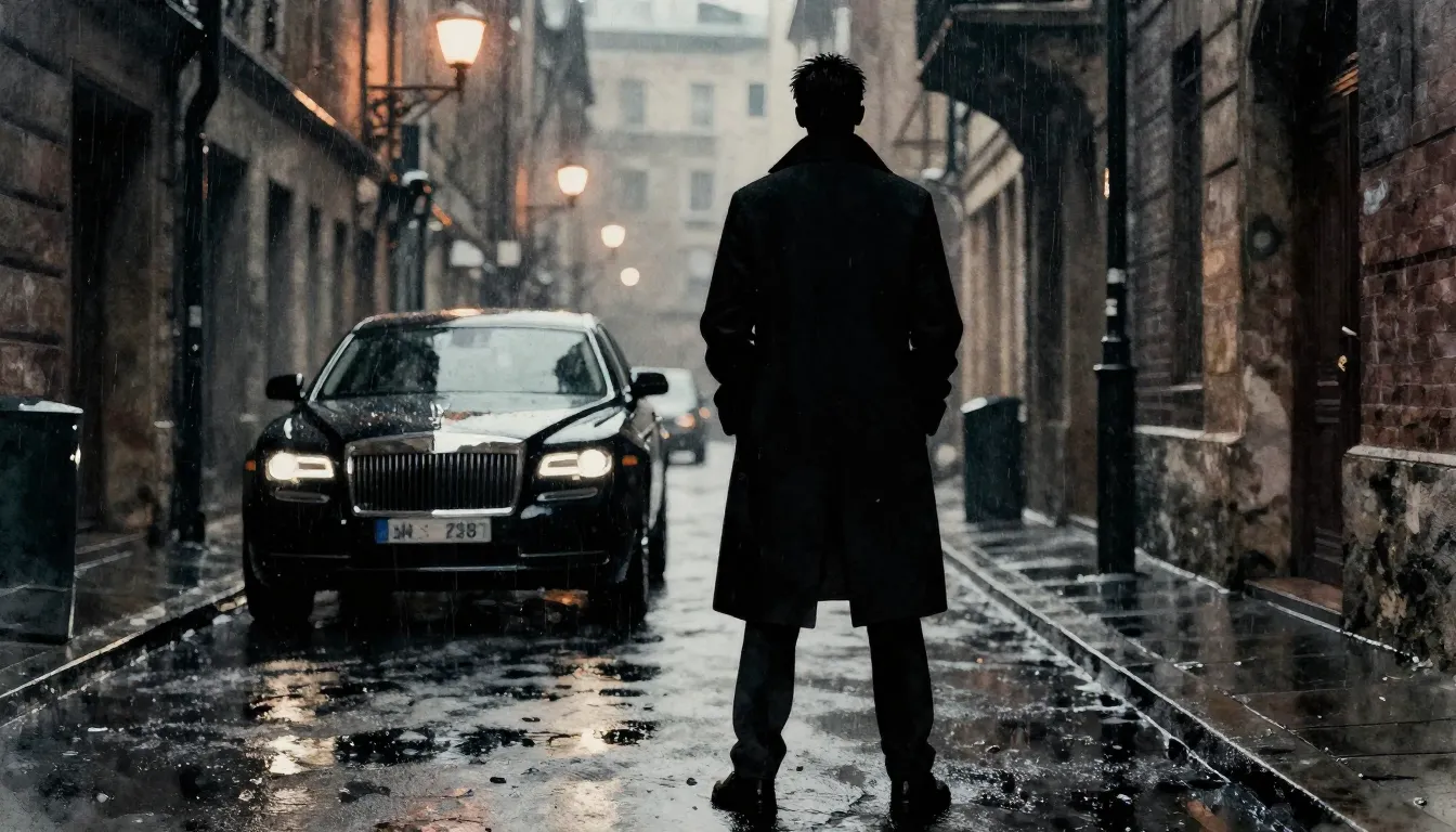 Watercolor style. Silhouette of a man in a long coat standin...