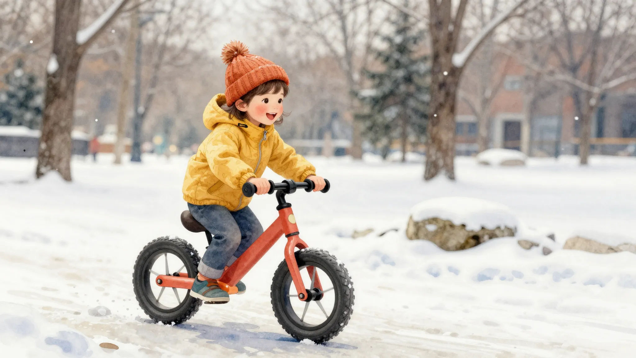 Watercolor style. A happy child riding a balance bike in a p...