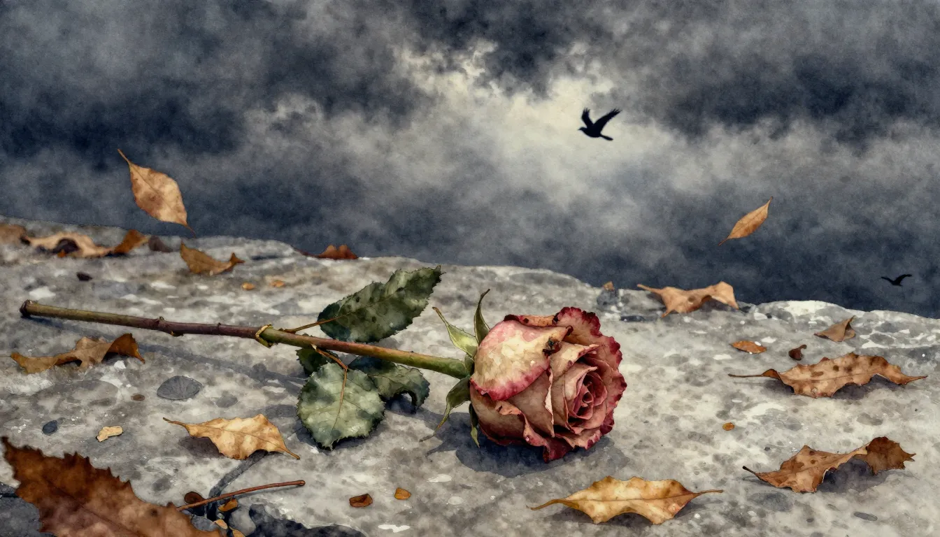 Watercolor style. A withered rose lying on cold grey stone, ...