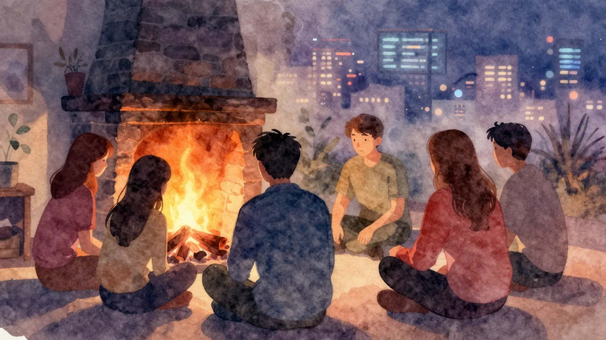 Vibrant watercolor style. A warm, glowing hearth with a few ...