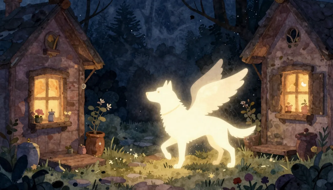 Watercolor style. A glowing silhouette of a winged dog bring...