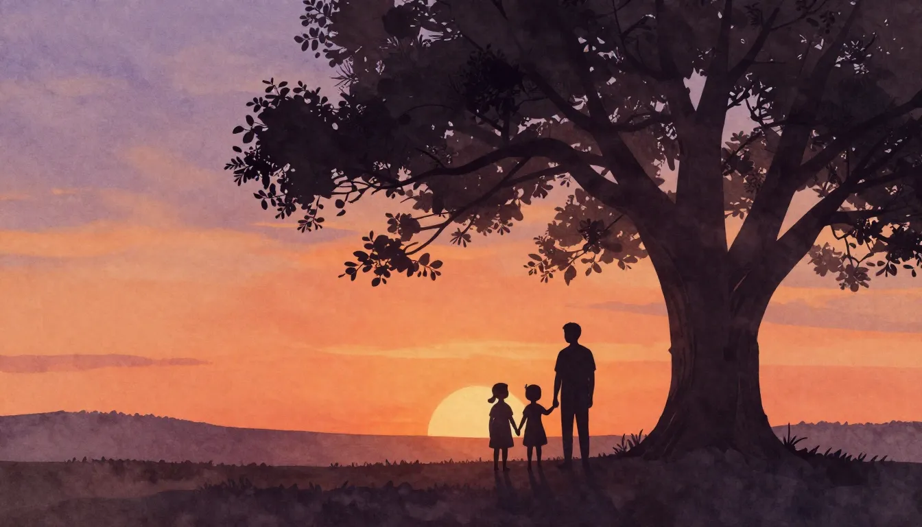Watercolor style. Silhouette of a family standing together u...