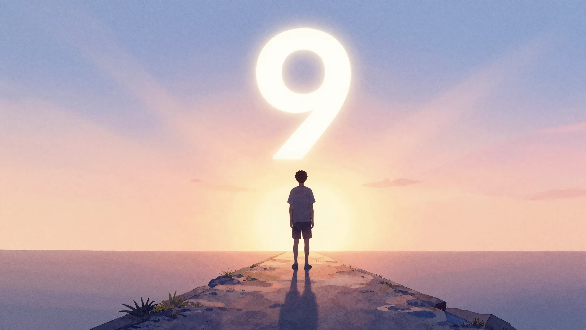 Watercolor style. Silhouette of a teenager standing on a pat...