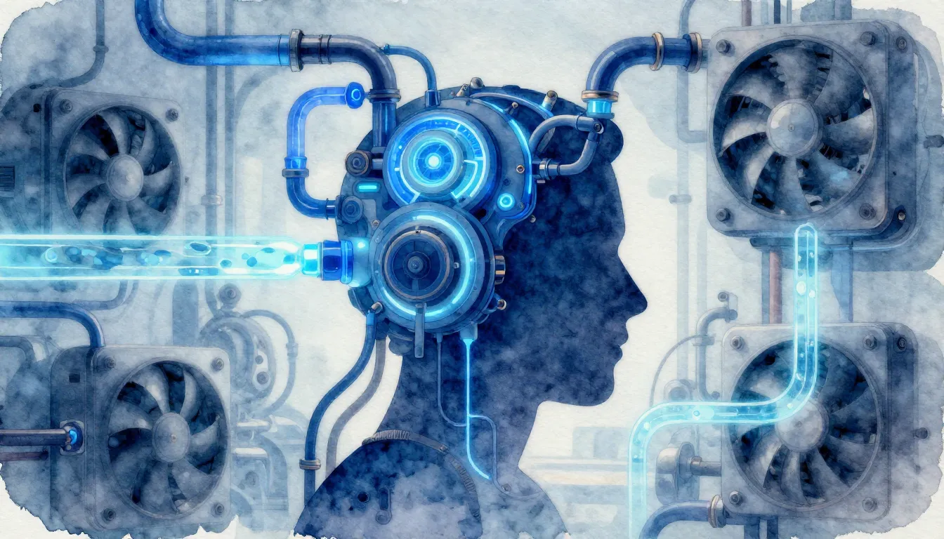 Watercolor style. A futuristic silhouette of a head surround...