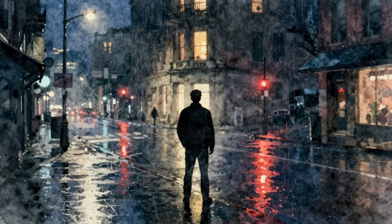 Watercolor style. A silhouette of a man standing alone on a ...