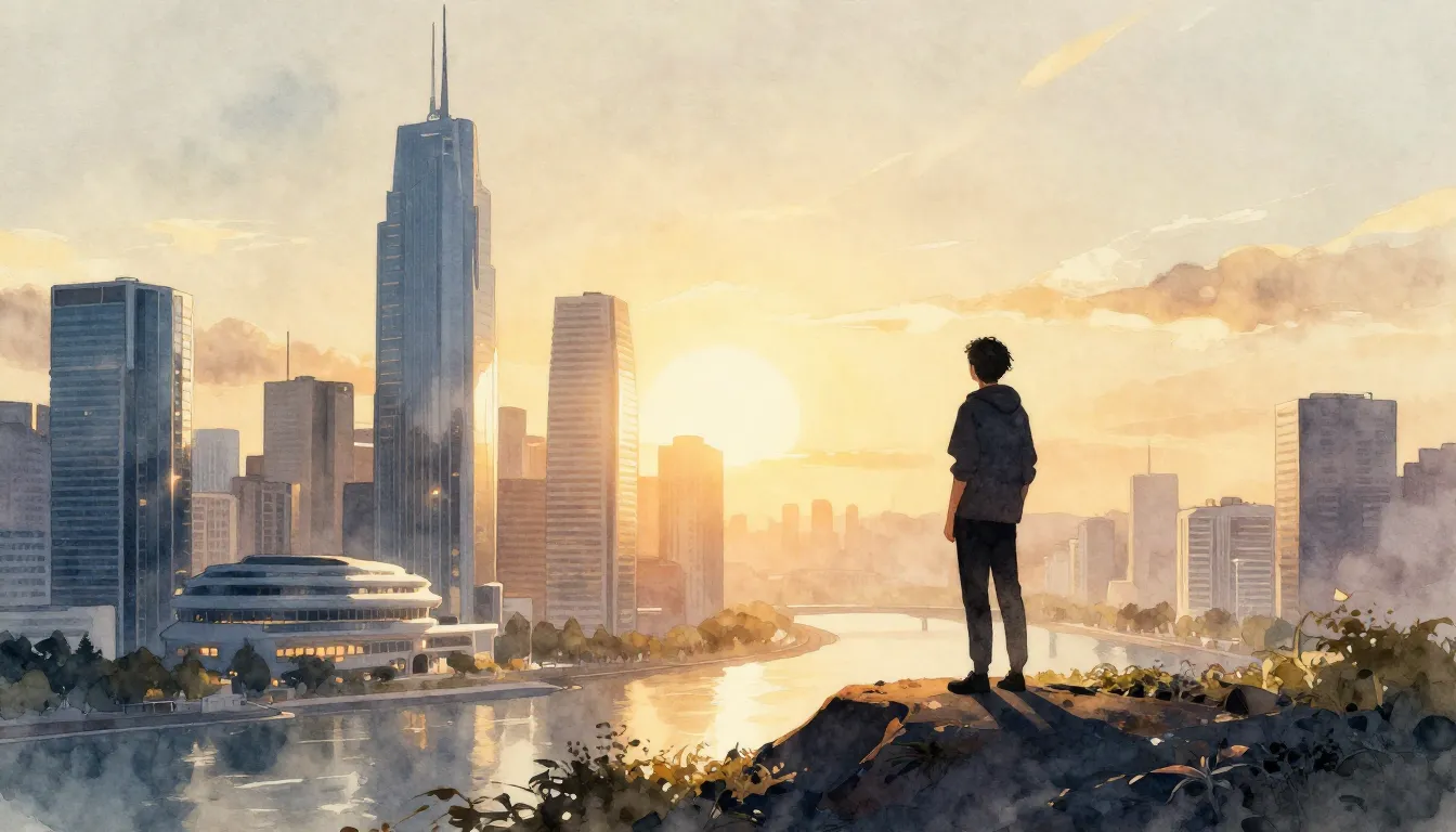 Watercolor style. A silhouette of a person standing on a hig...