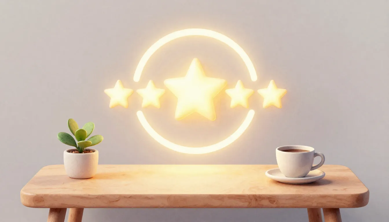 Watercolor style. A glowing 5-star rating icon floating abov...
