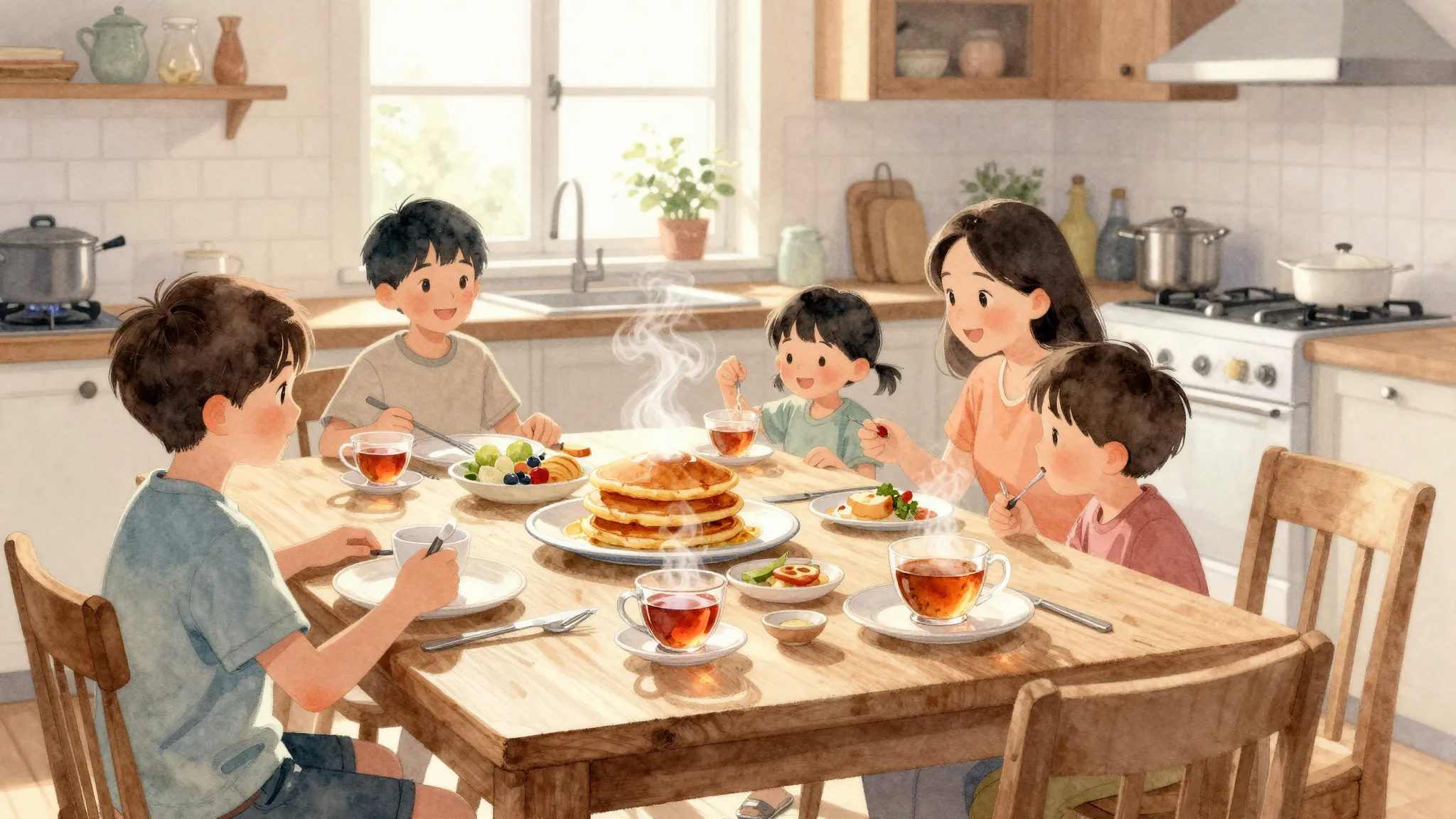 Watercolor style. A cozy kitchen table set for a large famil...