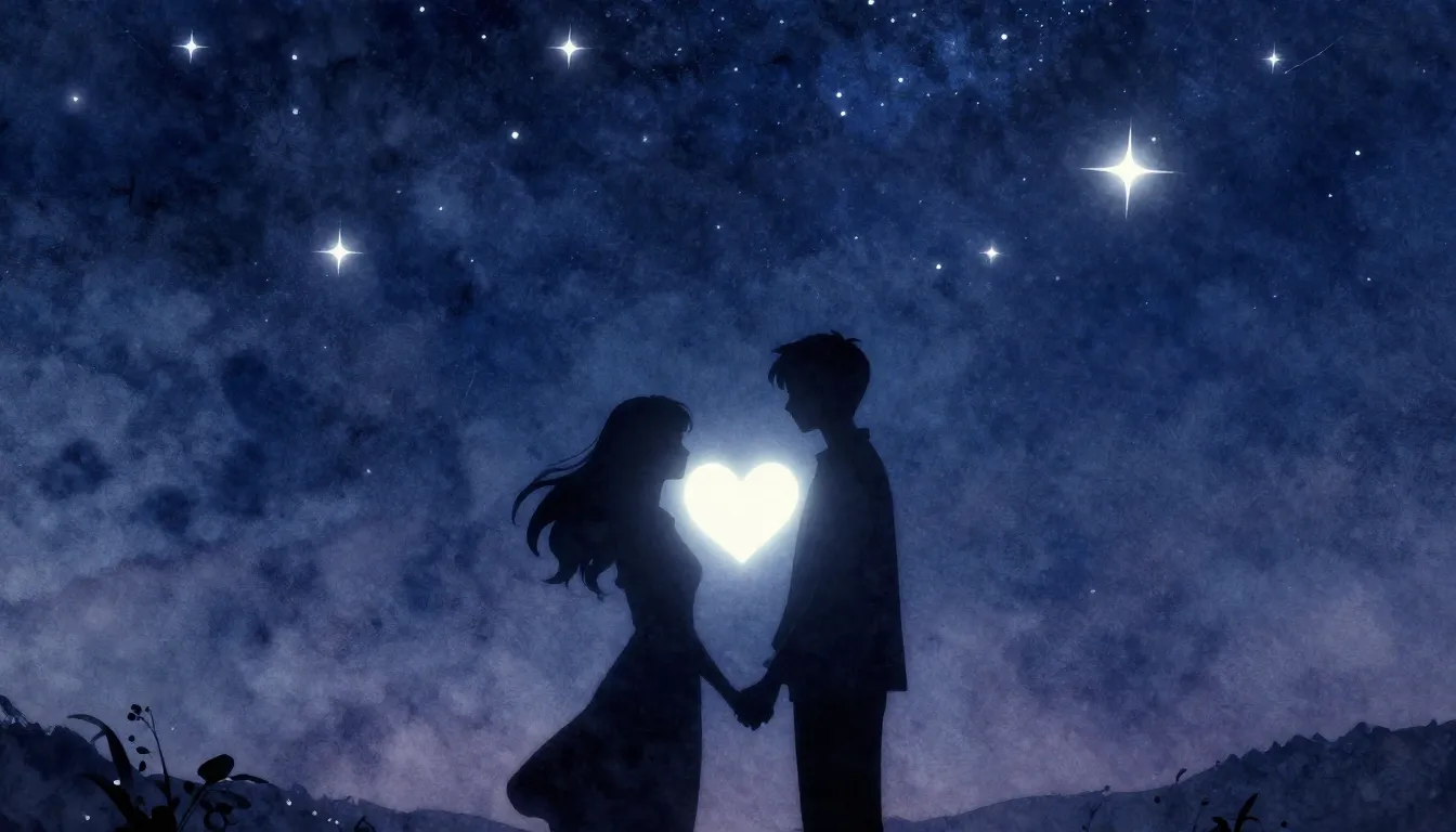 Watercolor style. A silhouette of a couple standing under a ...