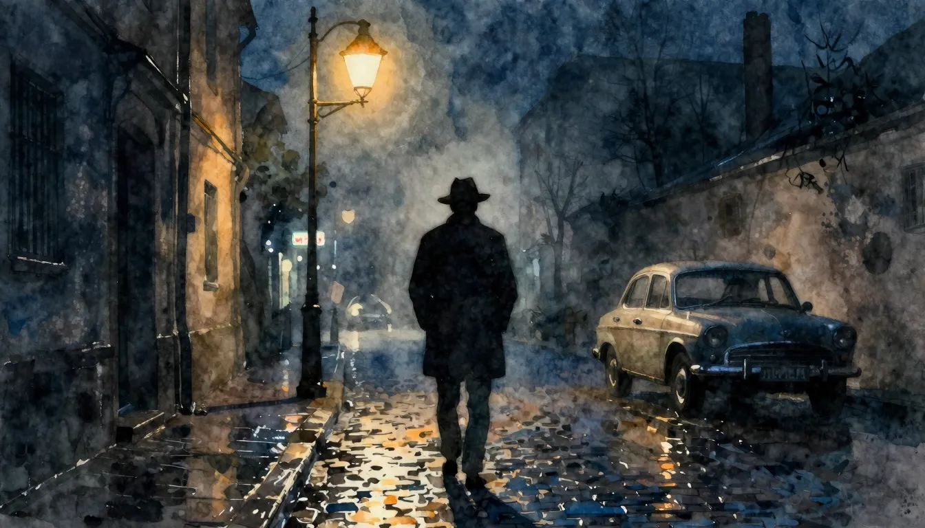 Vibrant watercolor style. A melancholic night scene with a l...