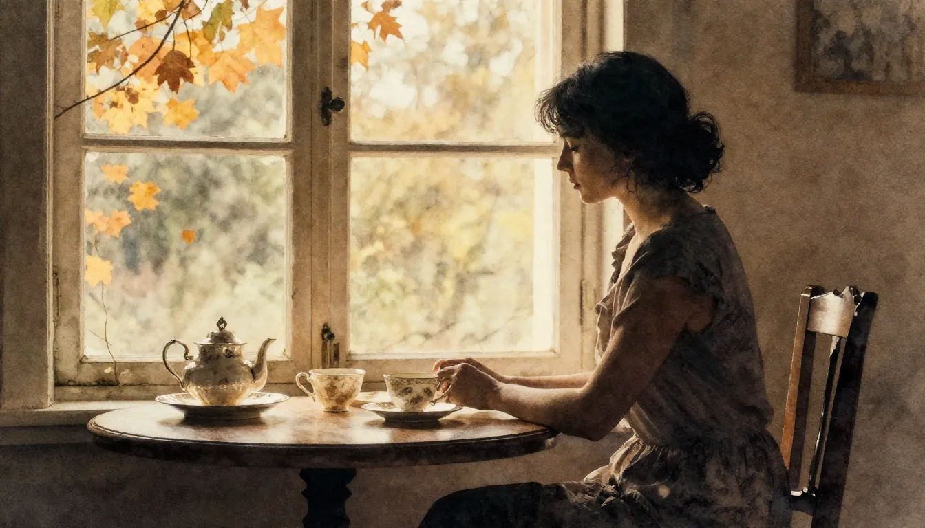 Watercolor style. A silhouette of a woman sitting by a windo...