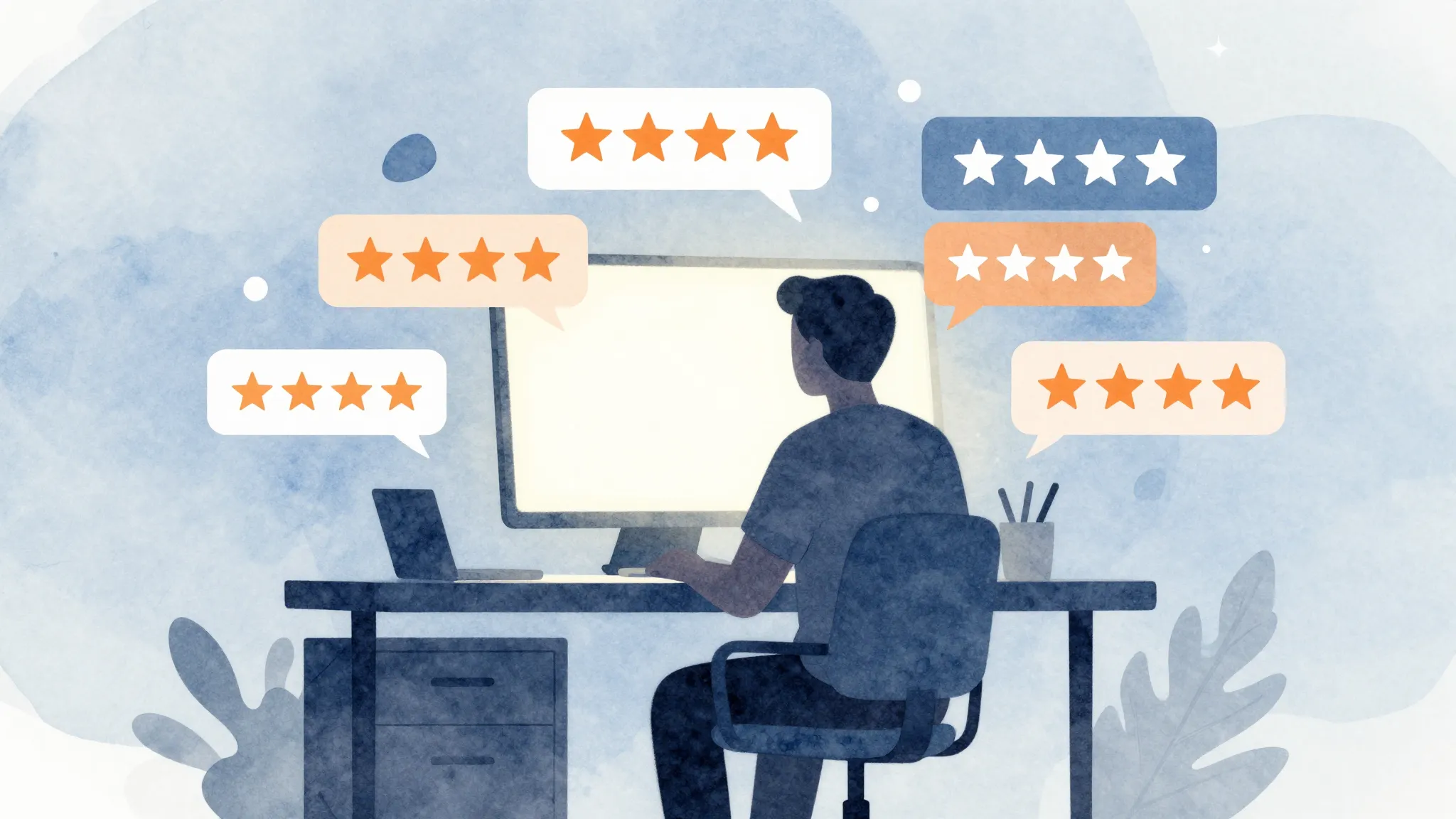 Watercolor style. A silhouette of a person sitting at a desk...