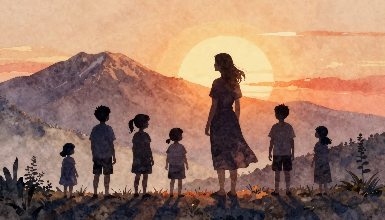 Watercolor style. Silhouette of a mother standing near a mou...