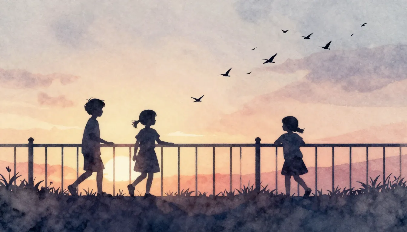 Watercolor style. Silhouette of children playing near a fenc...