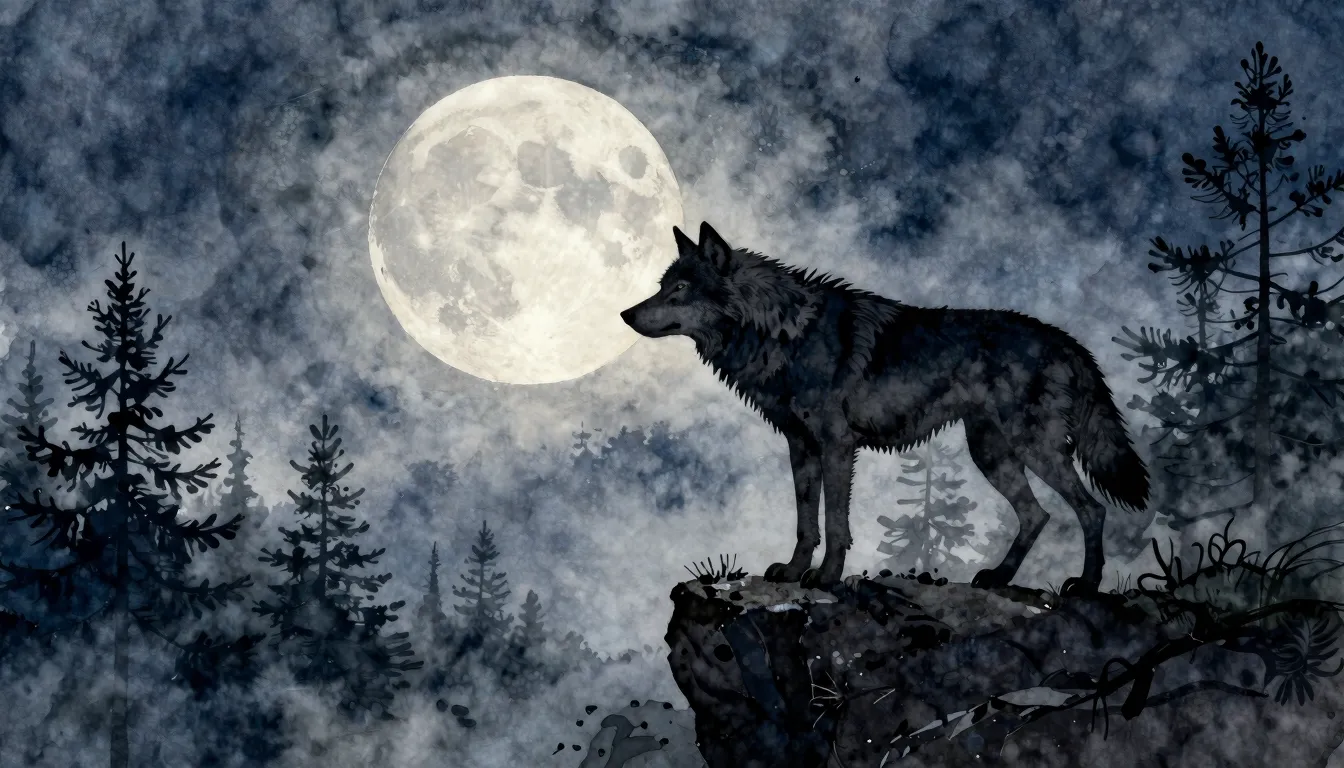 Watercolor style. Silhouette of a large wolf standing on a r...