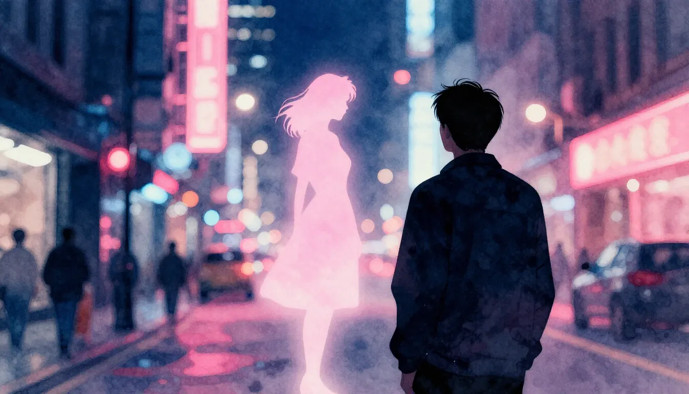 Watercolor style. A dark silhouette of a man standing in a n...