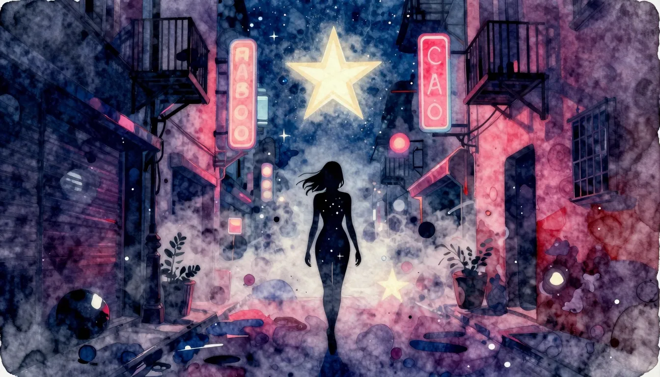 Vibrant watercolor style. Disco-funk album cover. Dark alley...