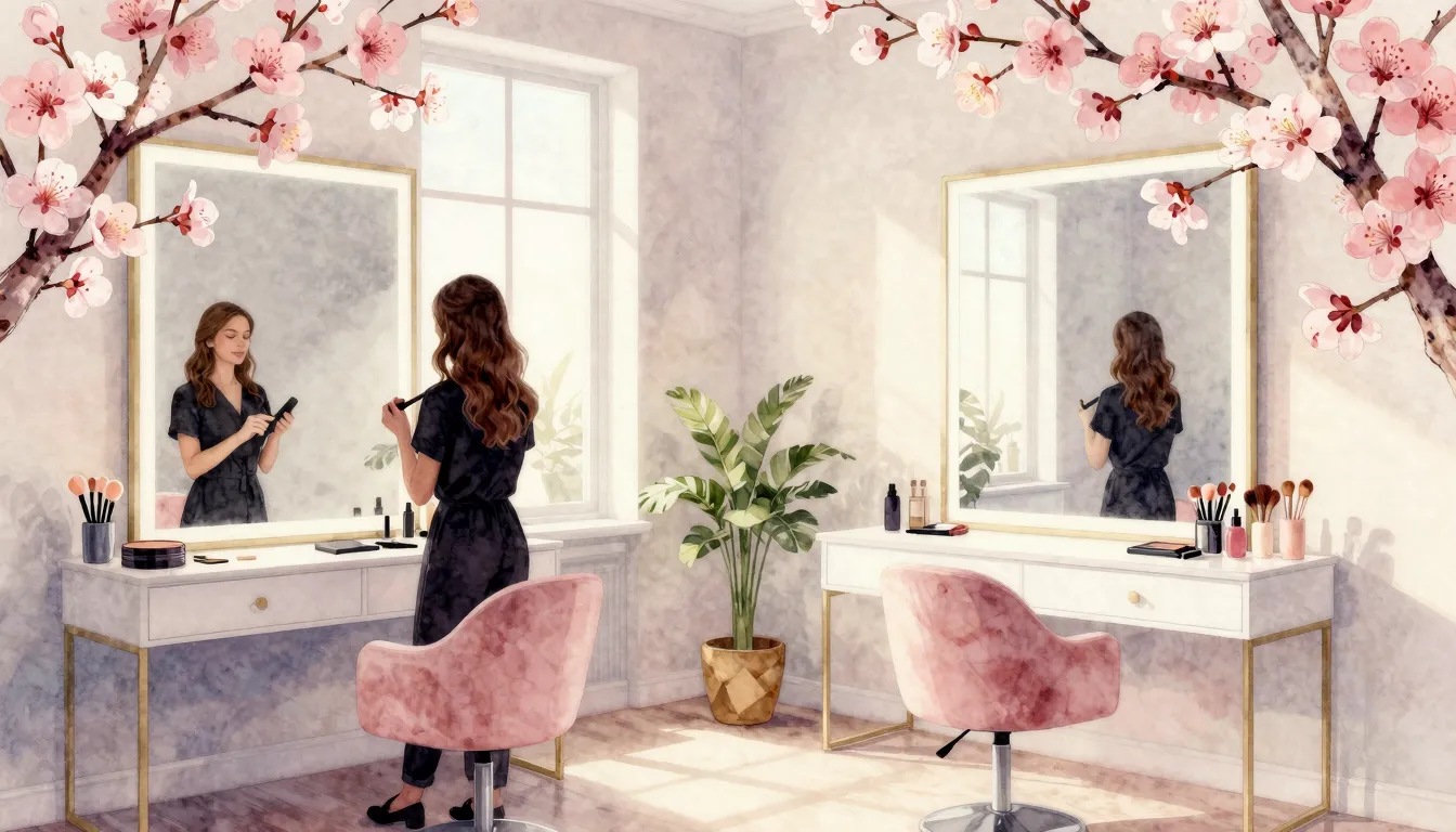 Watercolor style. Aesthetic beauty studio interior with bloo...