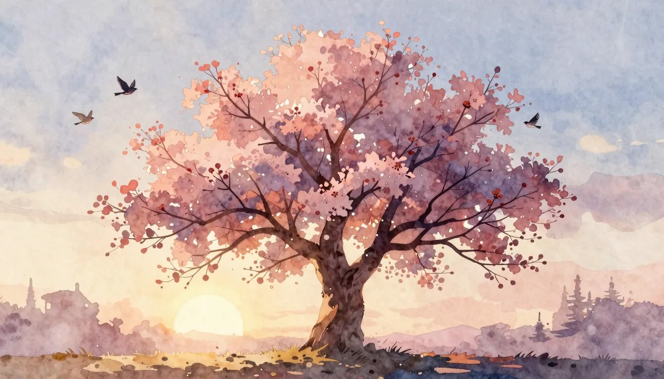 Watercolor style. A silhouette of a large blooming tree with...