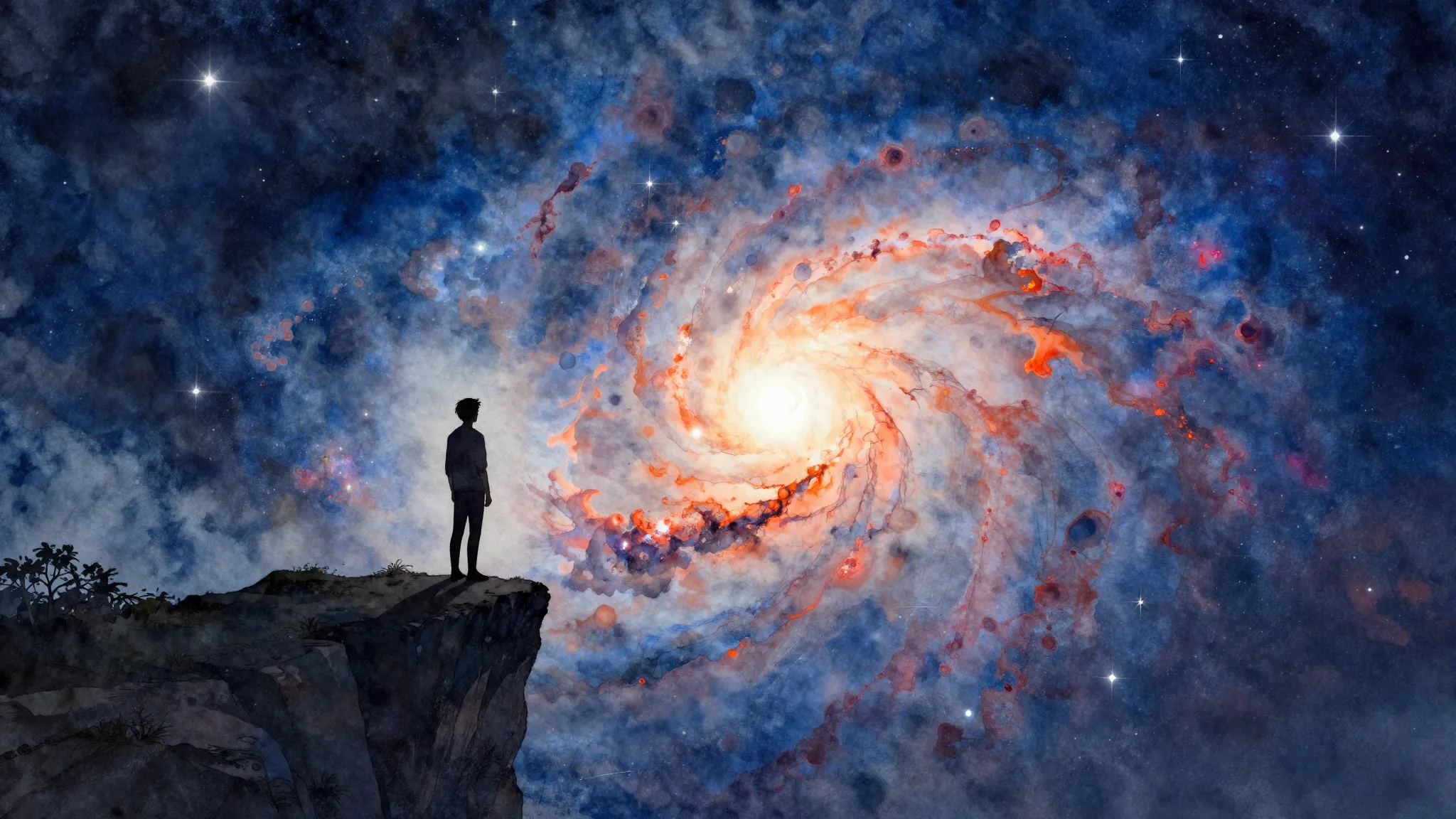 Watercolor style. A silhouette of a person standing on a cli...