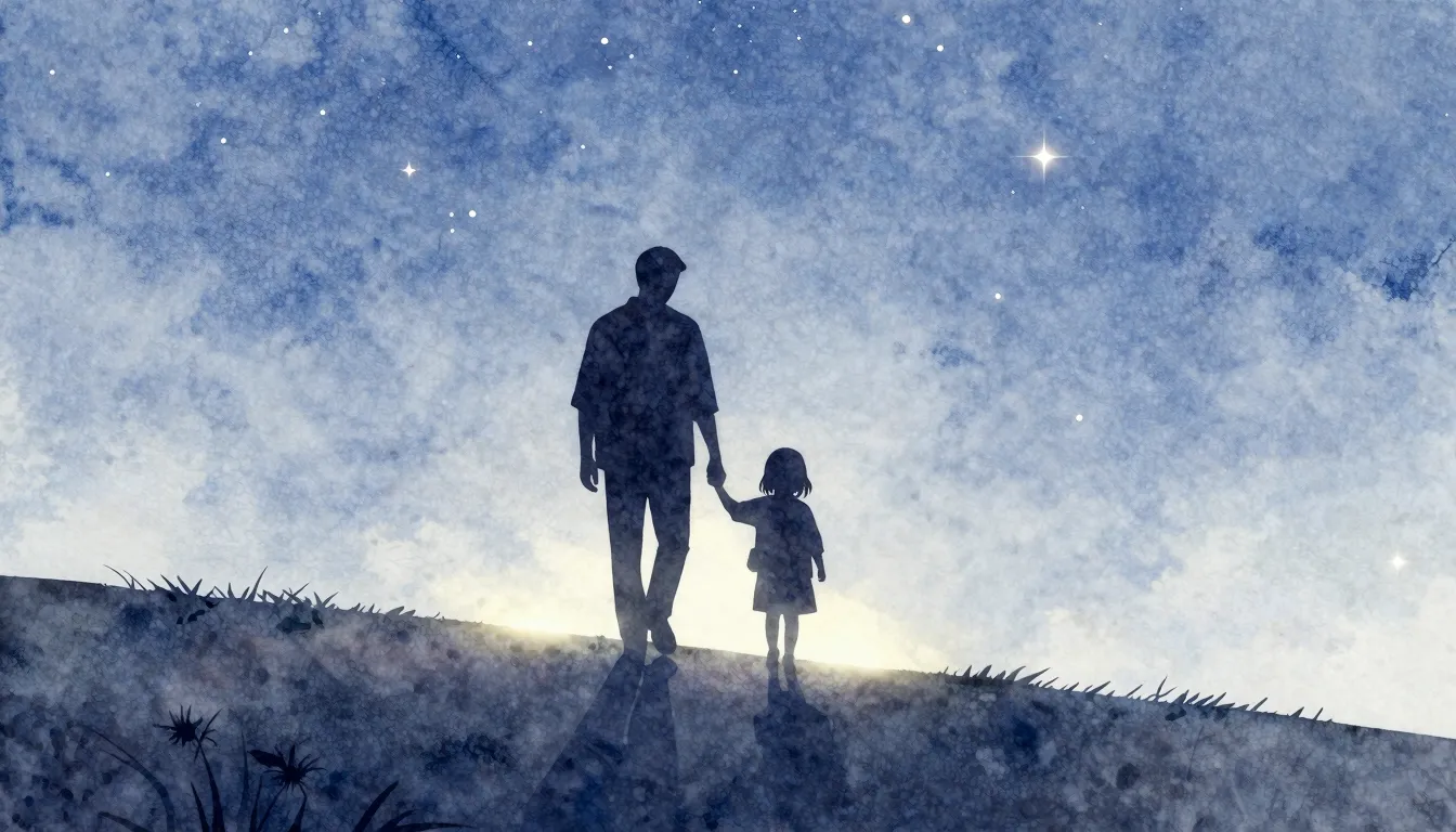 Watercolor style. A silhouette of an adult and a small child...