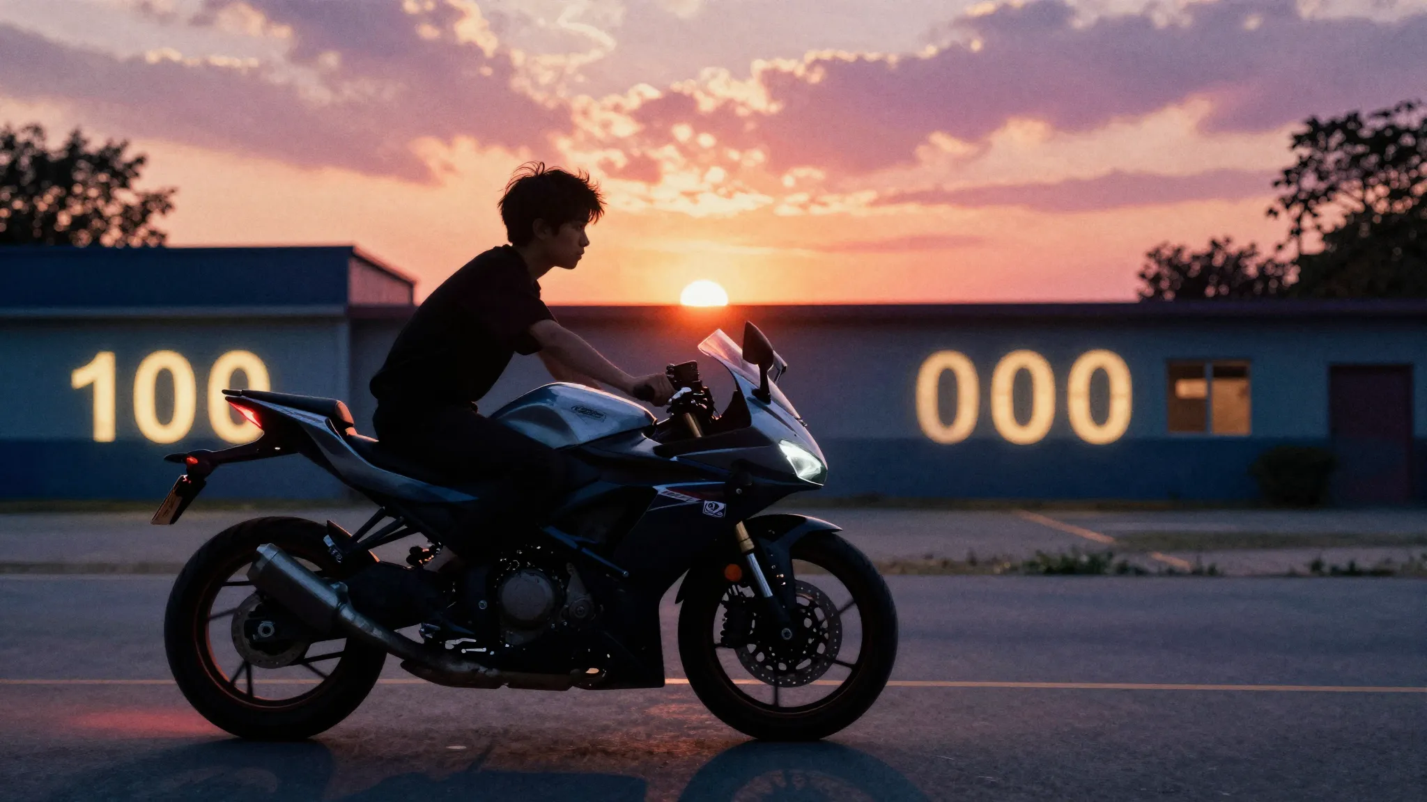 Watercolor style. Silhouette of a teenager on a sport bike, ...