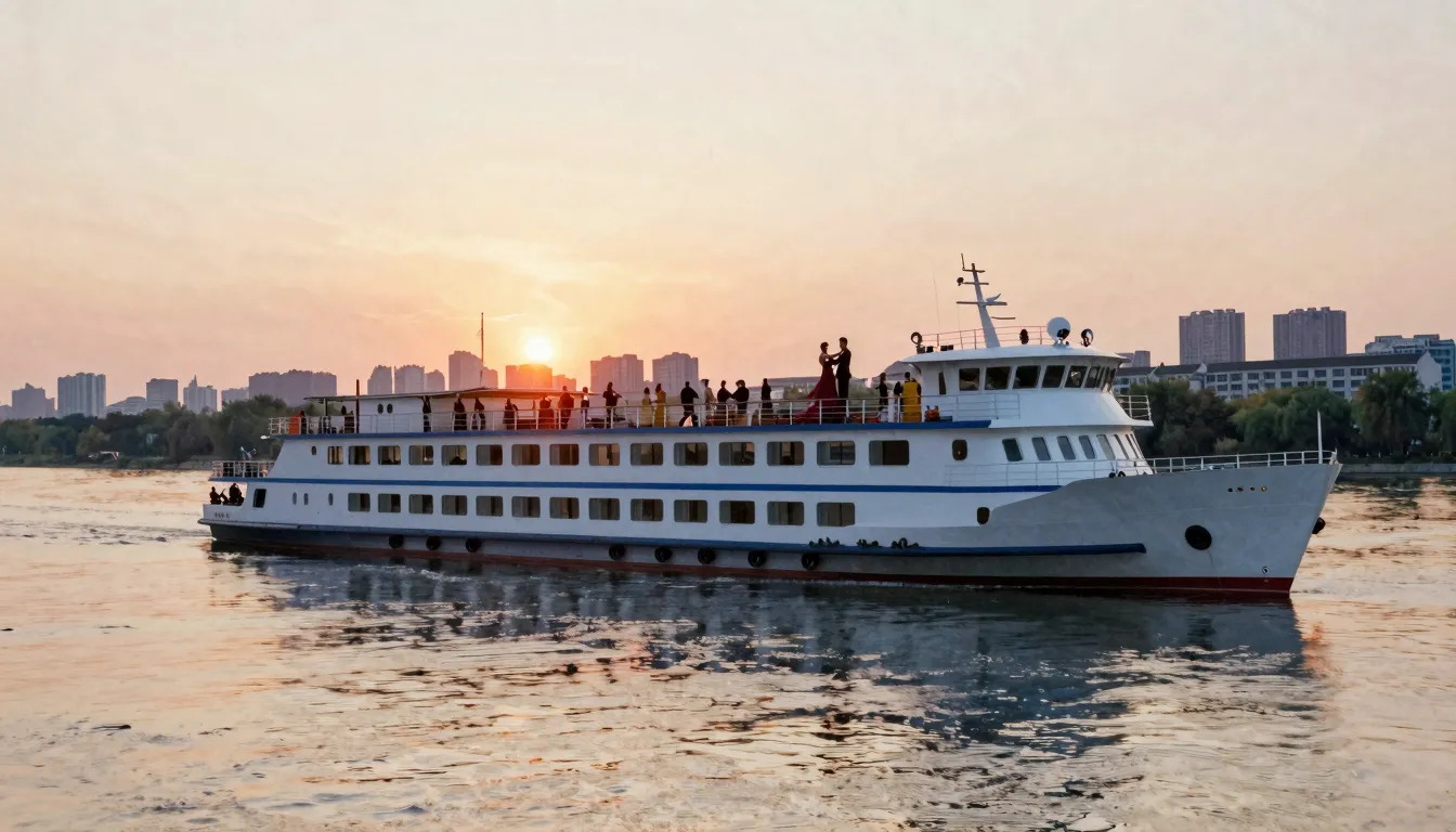 Watercolor style. A white river cruise ship sailing at sunse...