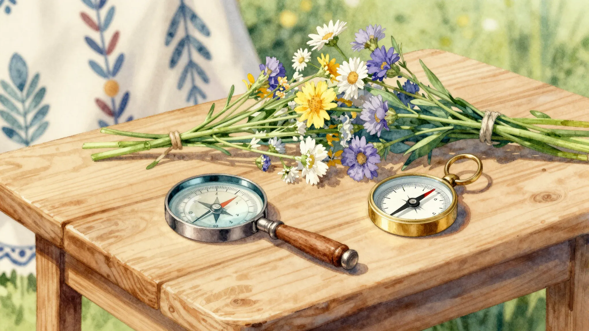 Watercolor style. A cozy wooden table with a magnifying glas...