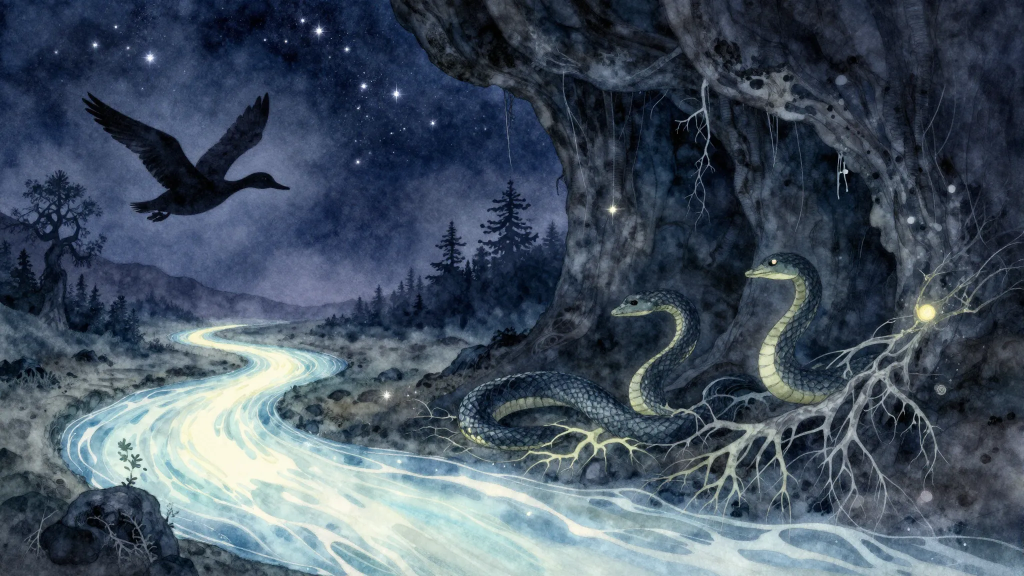 Watercolor style. Mystical landscape with a glowing river of...