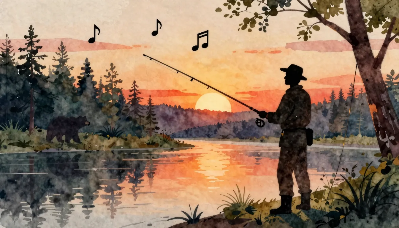 Watercolor style. A silhouette of a man in a hat fishing on ...