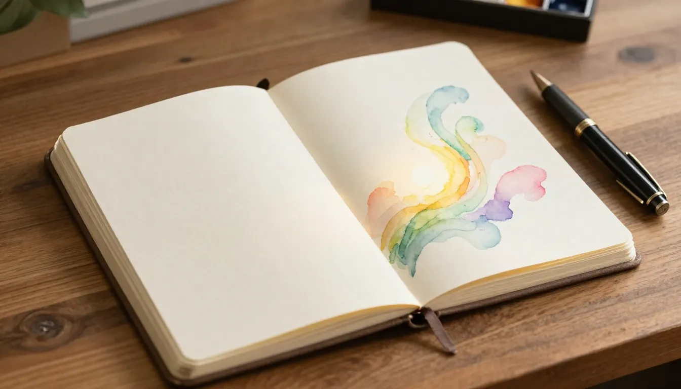 Watercolor style. A cozy wooden desk with an open blank note...