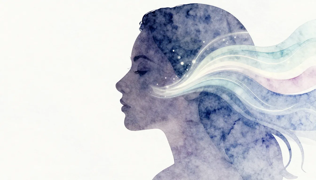 Watercolor style. Stylized silhouette of a woman's profile, ...