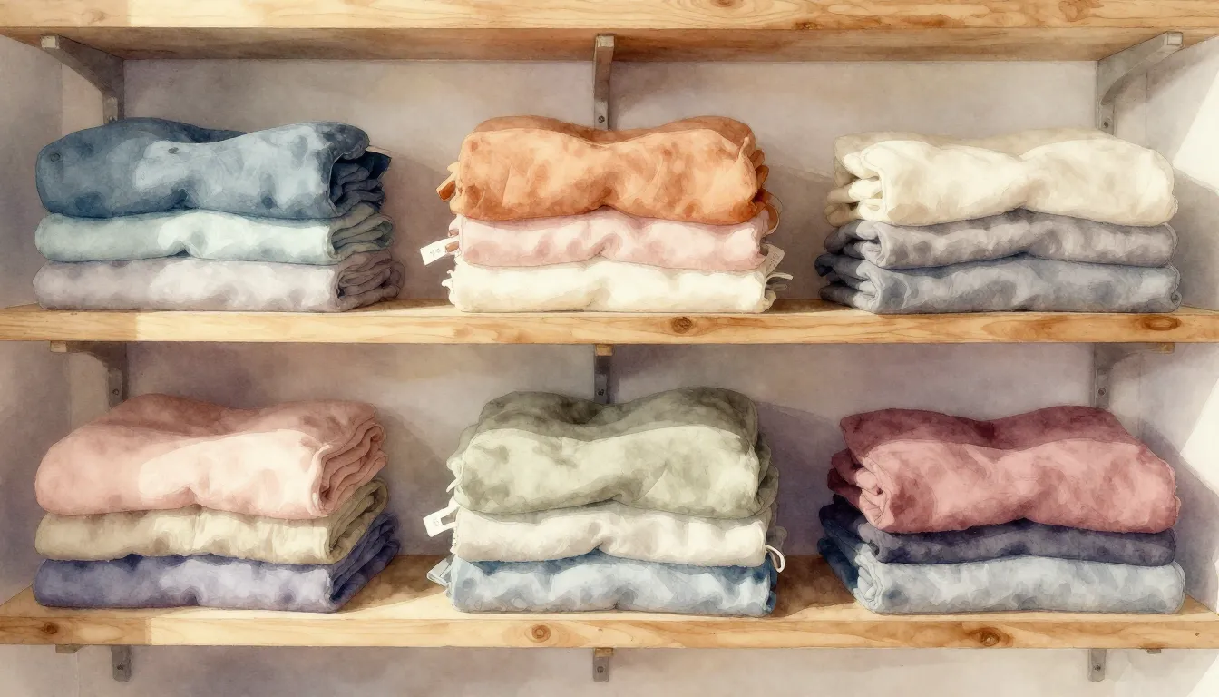 Watercolor style. Cozy interior with stacks of soft, colorfu...