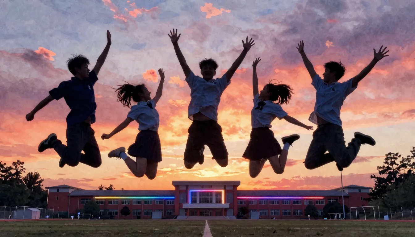 Watercolor style. Silhouettes of teenagers jumping in joy ag...