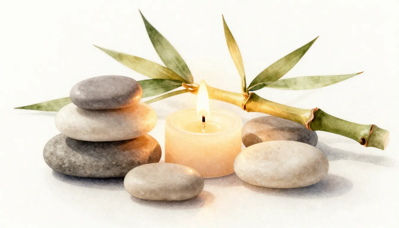 Watercolor style. Minimalist spa atmosphere, warm candleligh...