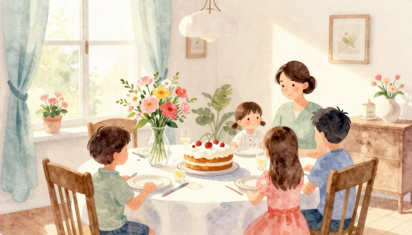 Watercolor style. A cozy dining room with a beautifully set ...